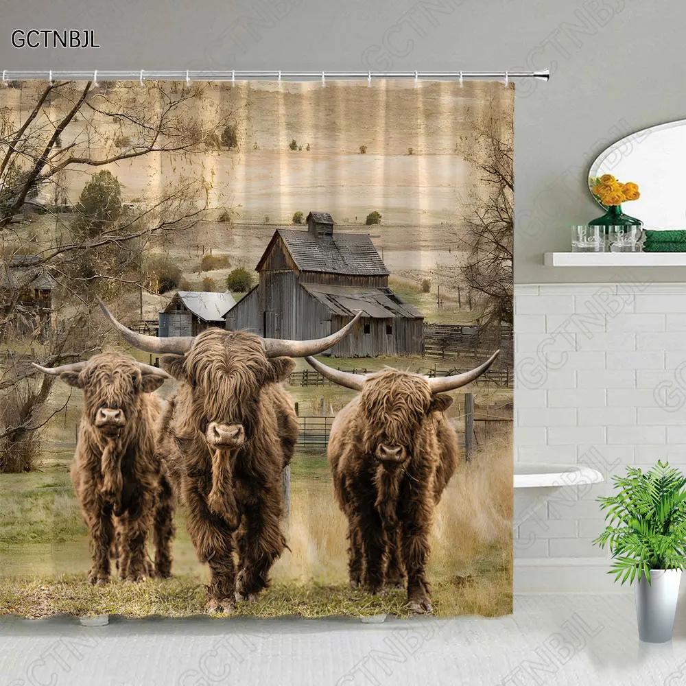 Funny Highland Bull Shower Curtains Set Western Bull Portrait Brown Wood Panel Rustic Landscape Barn Bath Curtain Bathroom Decor