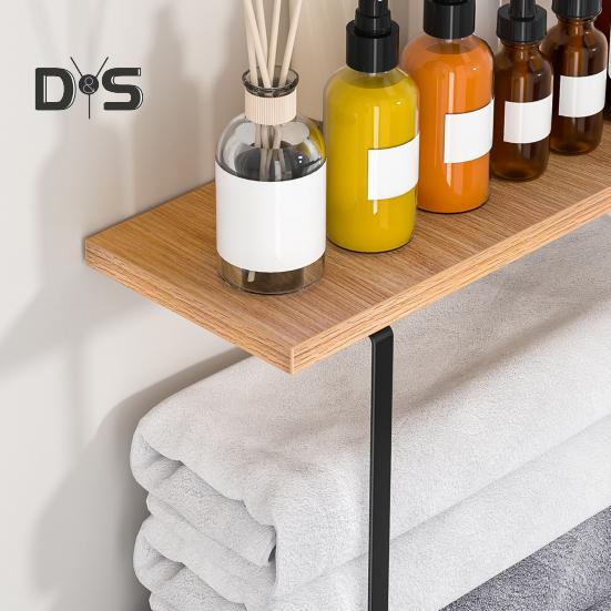 Wall Mounted Towel Holder with Wood Shelf Strong Load-bearing Easy To Install Multi-functional Bathroom Towel Rack Storage Holder