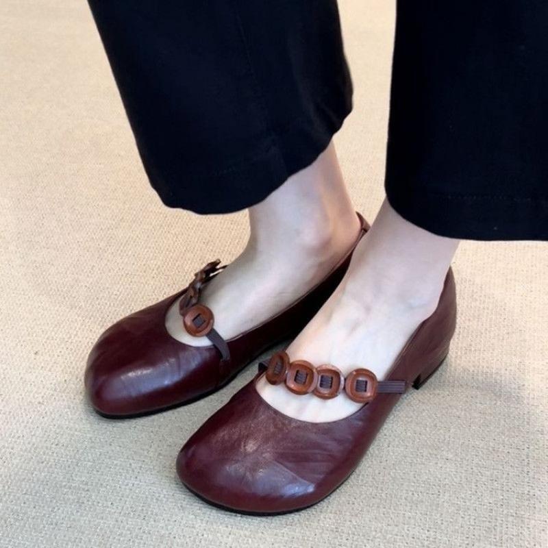 Retro Okrągły Czubek Damskie Buty Mary Jane Miękka Skóra Elastyczny Pasek Wszechstronny Detal z Guzikiem Jesień Miękkie Wygodne Pojedyncze Buty