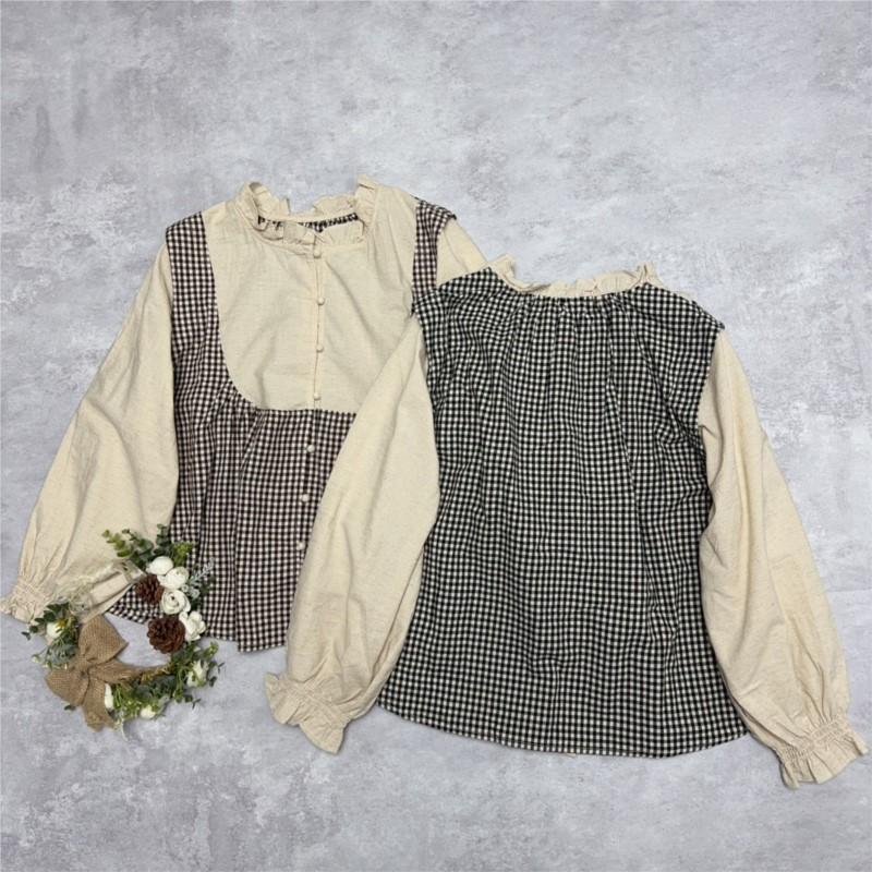 Johnature Japanese Fungus Trim Collar Plaid Shirt Casual Vintage Long Sleeve Stitched Retro Loose Shirt Women