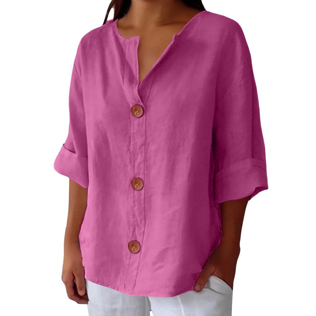 Mote dame casual V-hals kneppet syvarmet bomulls-t-skjorte topp