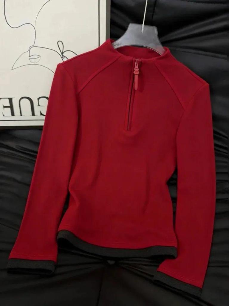 2026 Autumn/Winter Women's Korean Style Stand Collar Half-Zip Loose Slimming Base Layer T-Shirt