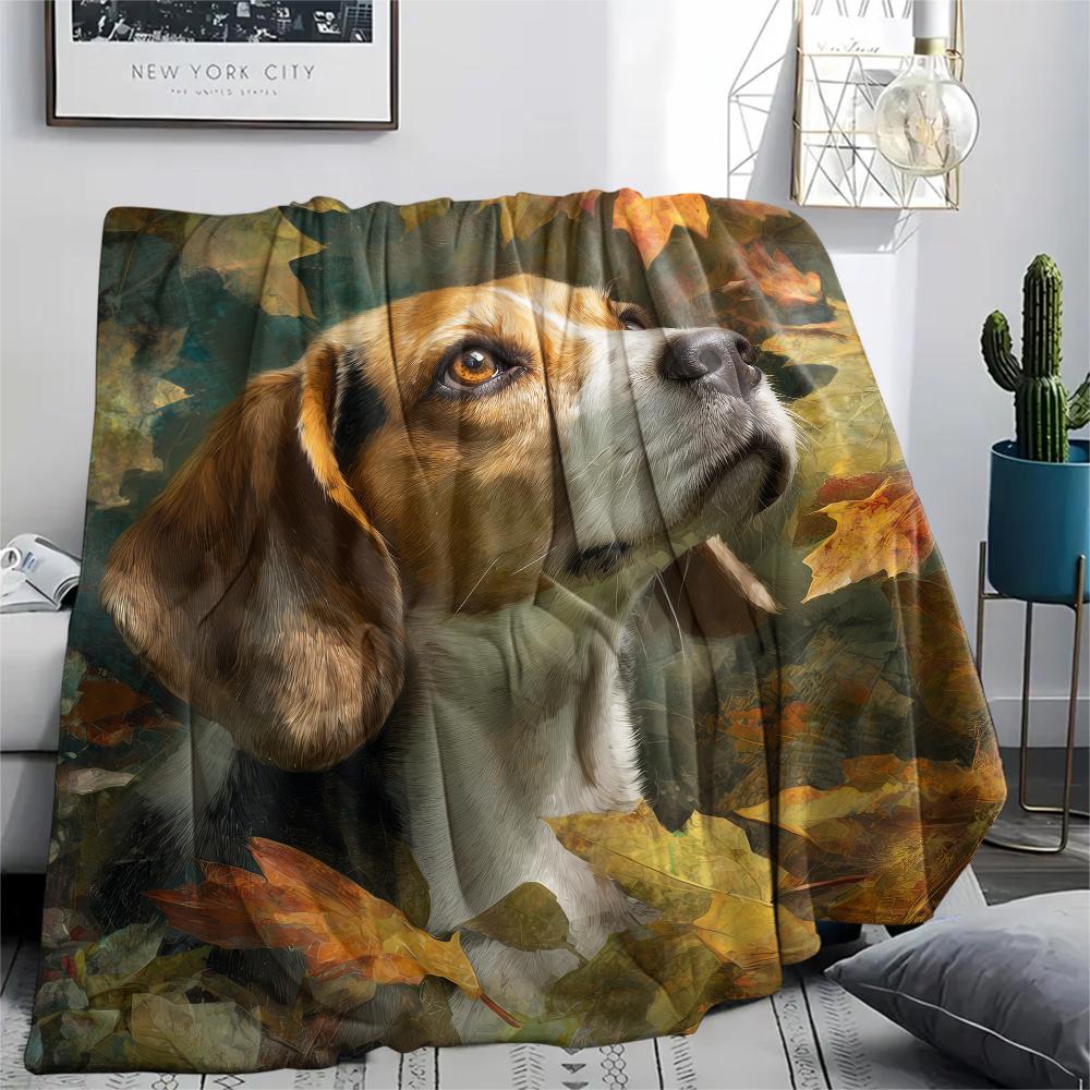 

Beagle and Leaves pattern Flannel Blanket, High quality Comfortable for All Seasons, Home Decor, Warmth and Comfort, Perfect for Gifts. 80cm x 120cm