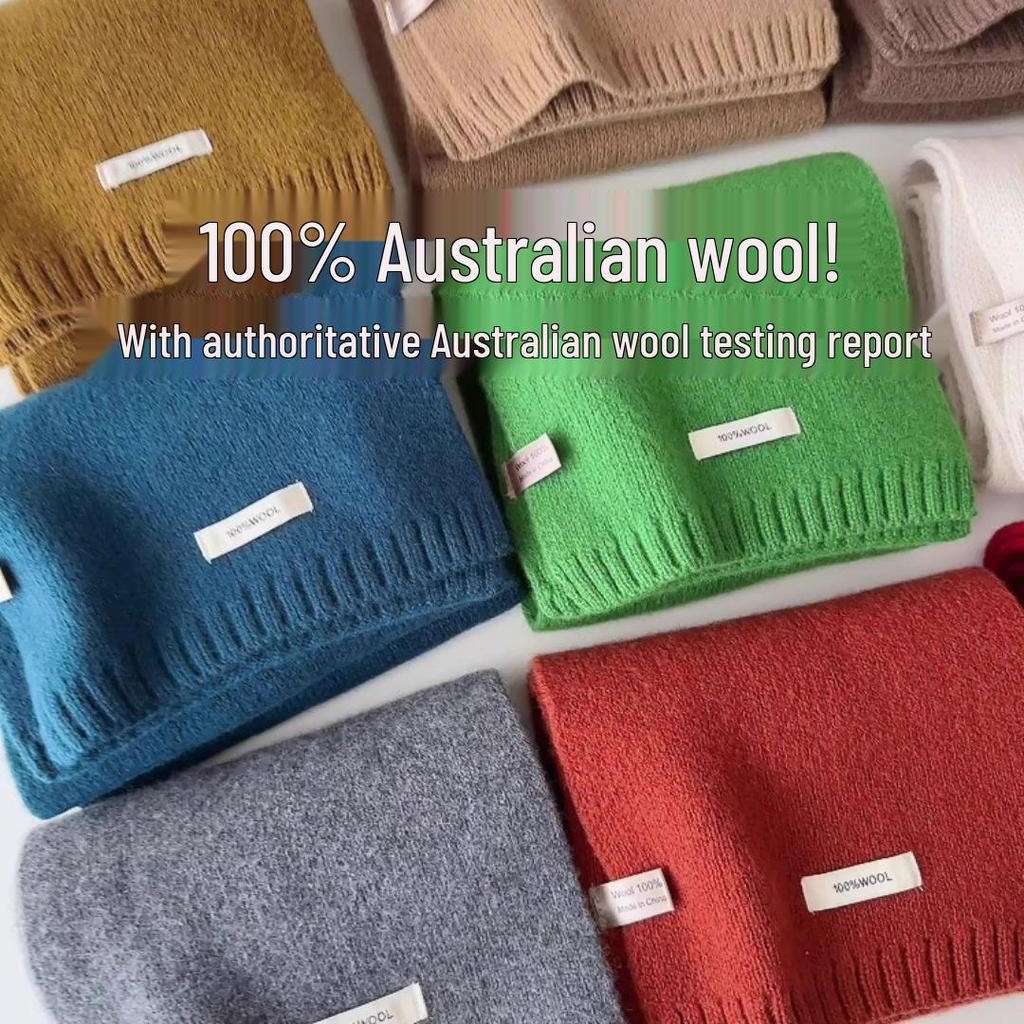100% Australian Merino Wool Scarf - New Style Solid Color, Unisex Winter Warm Knitted Neck Warmer