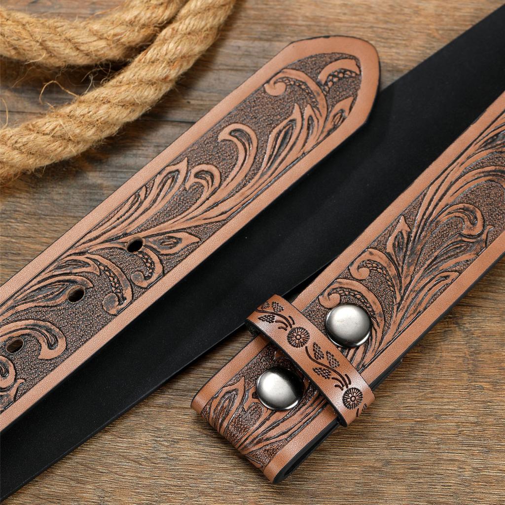 Punk Style Retro Embossed Belt Body Button Belt Men'S Western Denim Belt Various Styles Plate Buckle