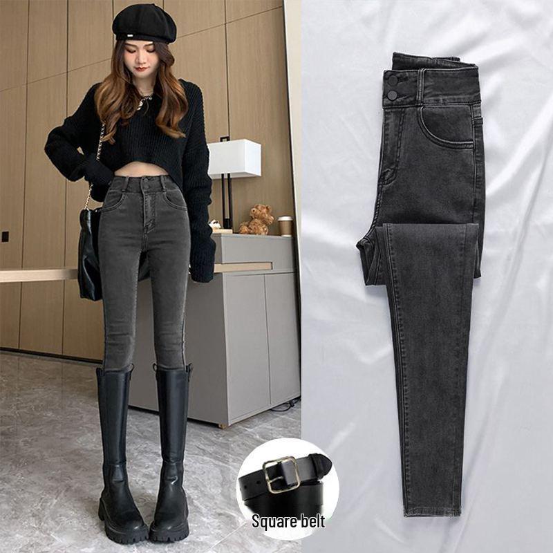 Women's Blue-Gray Fleece-Lined High-Waisted Slim-Fit Denim Pants - 2023 Autumn/Winter Style