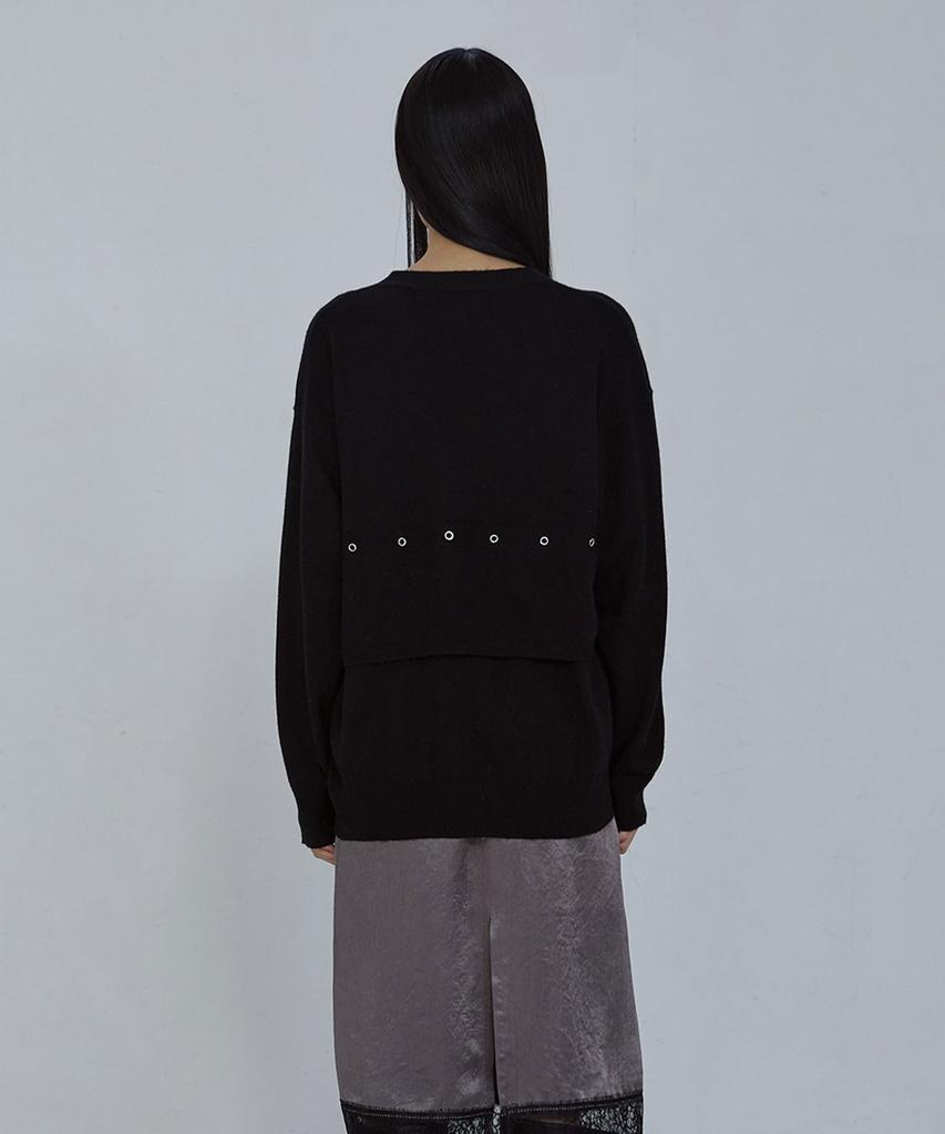 Uusoo Relaxed Eyelet Wool Cardigan_ Black