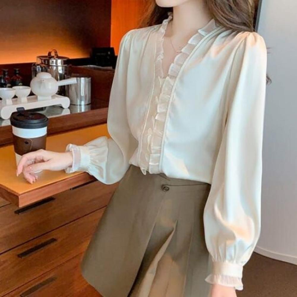 NaVaVa Women LoVely Frill V Neck Long sleeVe Blouse Nb3009