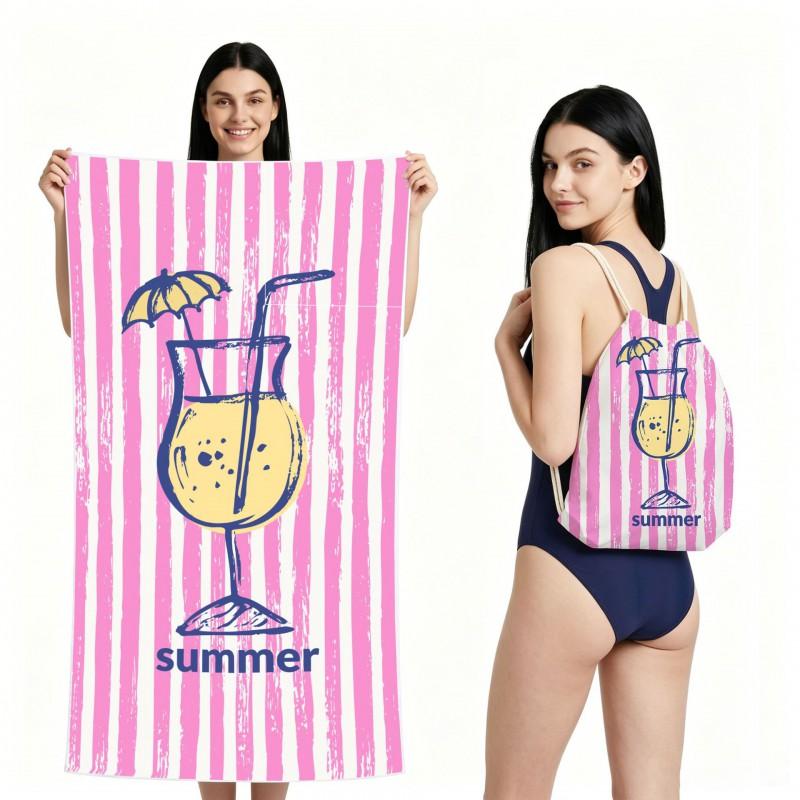 Quick-Dry Foldable Beach Towel With Carry Bag Double-Sided Plush Coconut Print Bath Travel Pool Vacation