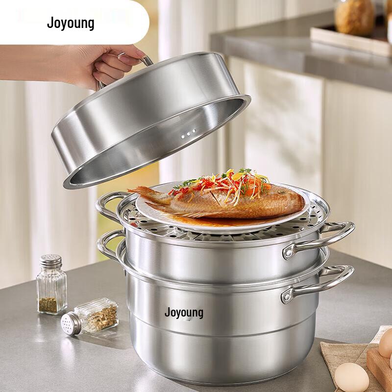 Joyoung 304 Stainless Steel 3-Layer Steamer Pot with Arched Lid, 28cm