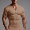 Men's Slim Fit Henley T-shirt: European & American Sports Style, Ribbed, Elastic, Short Sleeve, Solid Color