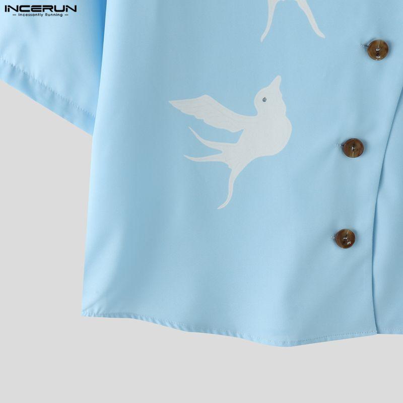 INCERUN Oversized Men Lapel Neck Short Sleeve Side Buttons Up Print Casual Loose Shirts