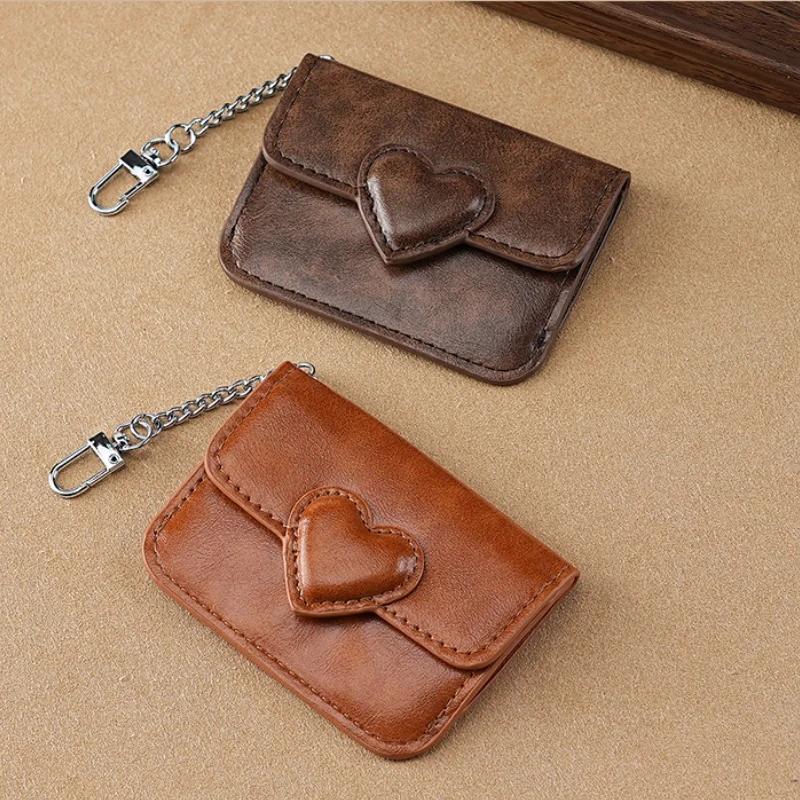 Women Vintage PU Leather Card Holder Cute Heart Shaped Small Wallet Multi-card Key Chain Card Holder Wallet Travel Cash Coin Bag