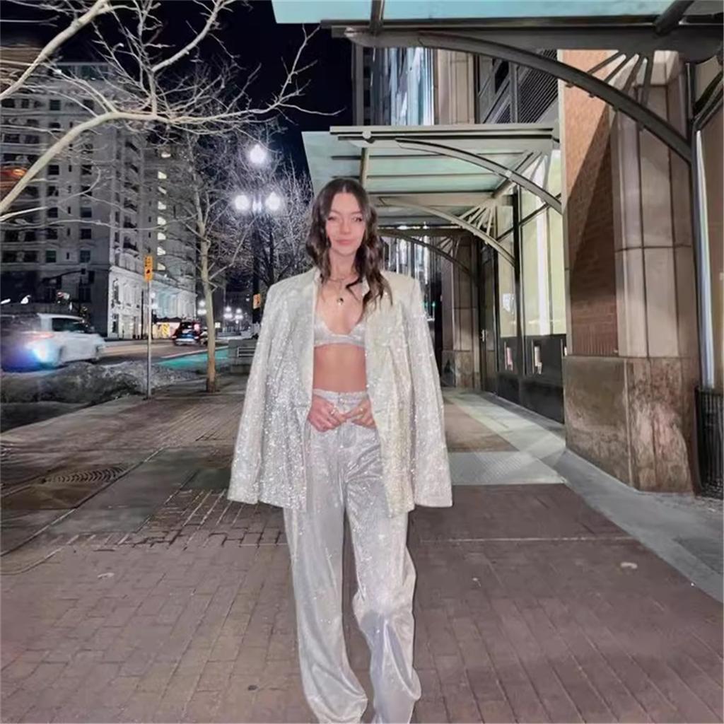 Women's autumn and winter fashion suit shiny three-piece suit