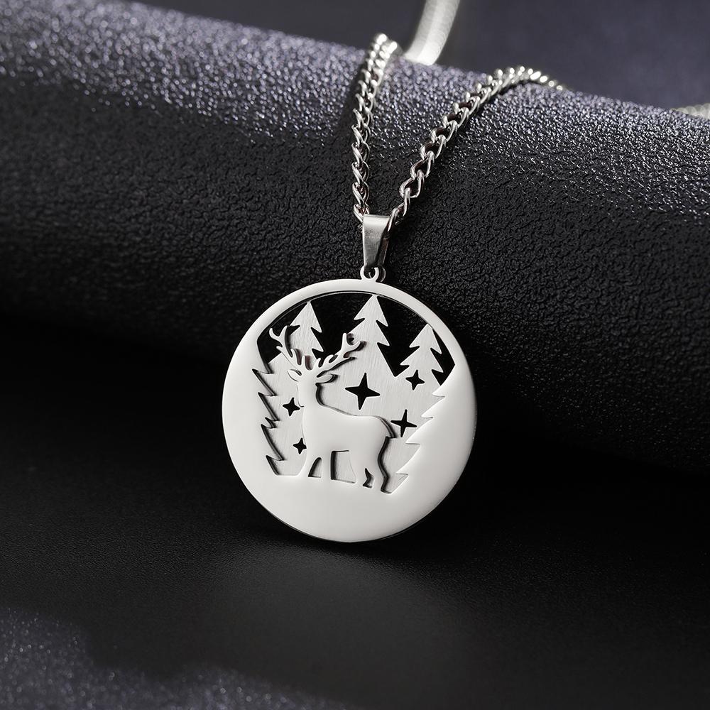 LIKGREAT Elk Wolf Bear Necklace for Women Men Teen Stainless Steel Forest Animal Snowflake Moon Pendant Jewelry Birthday Gifts