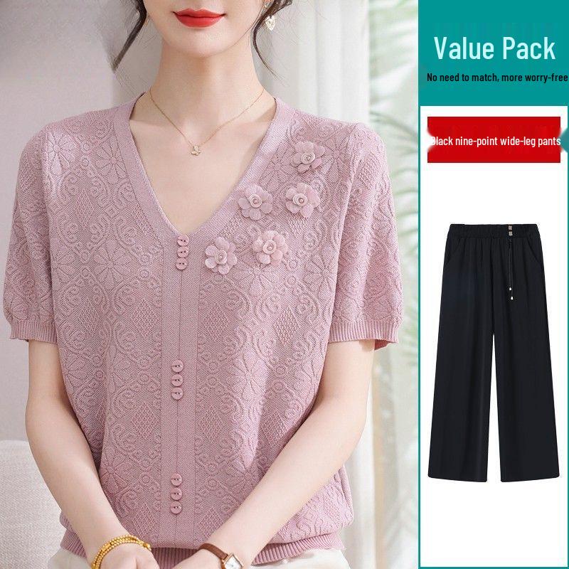 2026 Summer Ice Silk Blouse & T-Shirt Set for Moms and Seniors