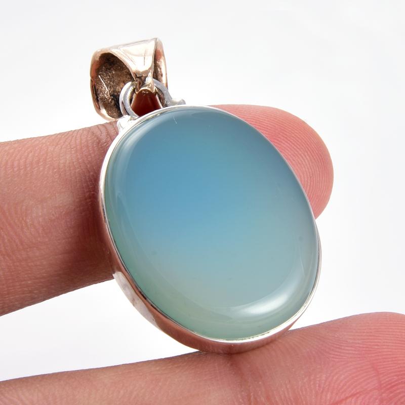 Natural Aqua Chalcedony Gemstone 925 Sterling Silver Two Tone Pendant 1.7'' L6C01