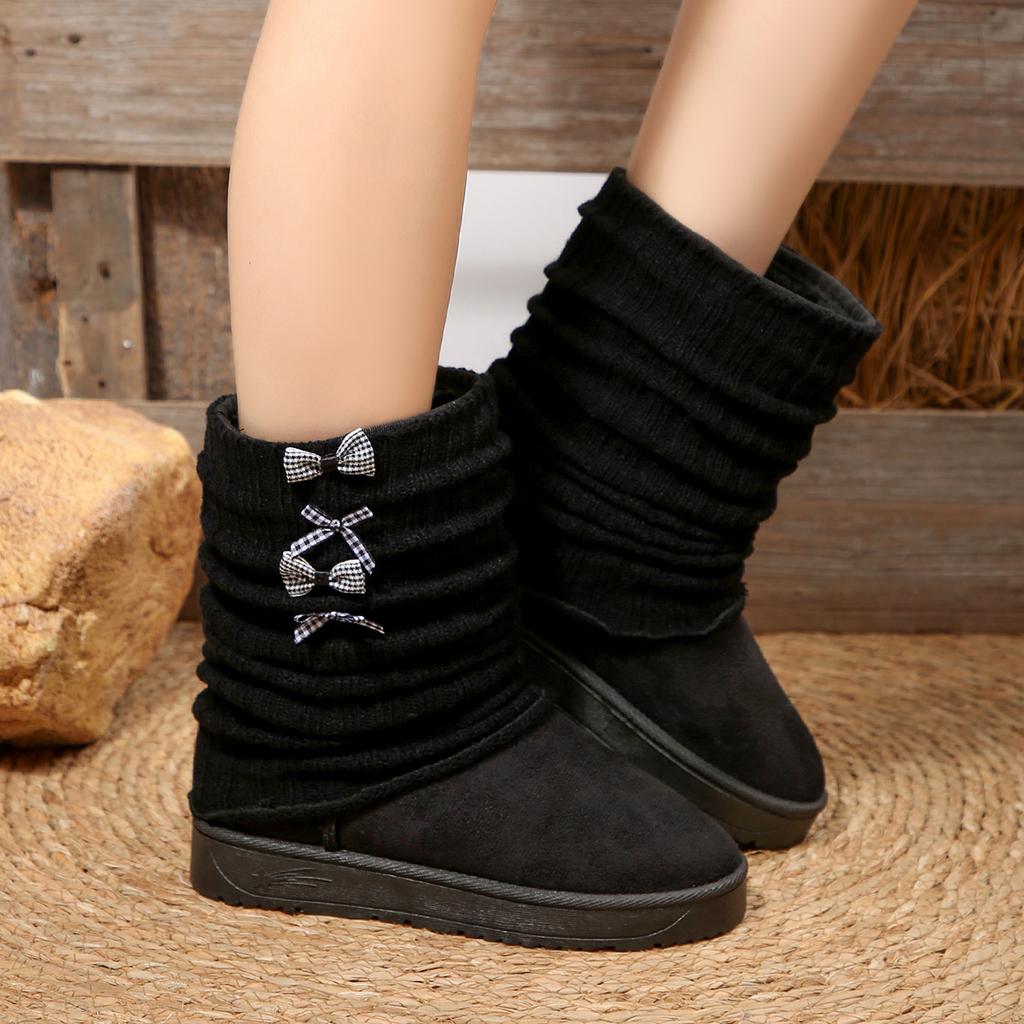Brand Design Wrinkled Stacked Snow Boots Women 2025 Winter Sweet Bowknot Decoration Booties Warm Short Plush Mid Calf Boots