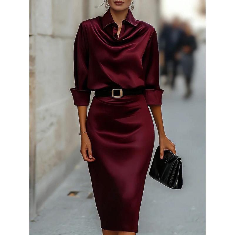 New in summer, waist and thin satin high-end long-sleeved dress for women