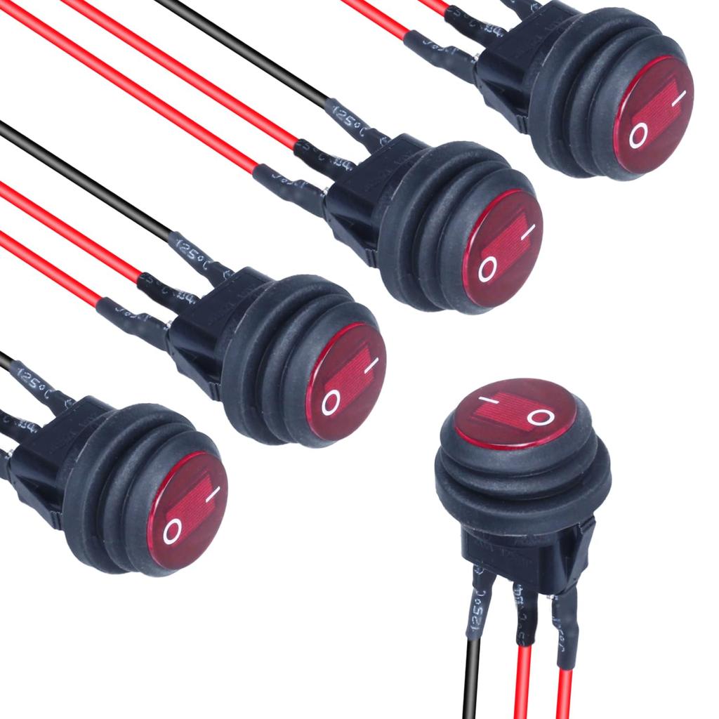 Waterproof 20A ON-Off Round Rocker Toggle Switch 2 Pins 2 Positions 12V 24V 110V 220V with Pre-solderd Cable for Auto Car Marine (5Pcs Black Without