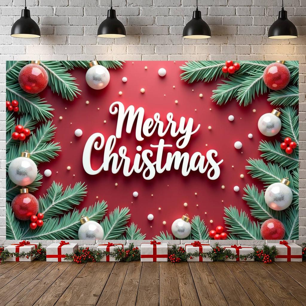 Festive Display Glossy Baubles Christmas Display Merry Christmas Banner Green Foliage Xmas Backdrop For Christmas Party Office