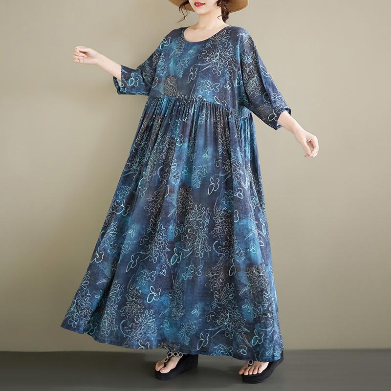 DIMANAF 2026 Summer Beach Women Plus Size Vintage Lady Long Dress Loose Oversize Maxi Print Cotton New