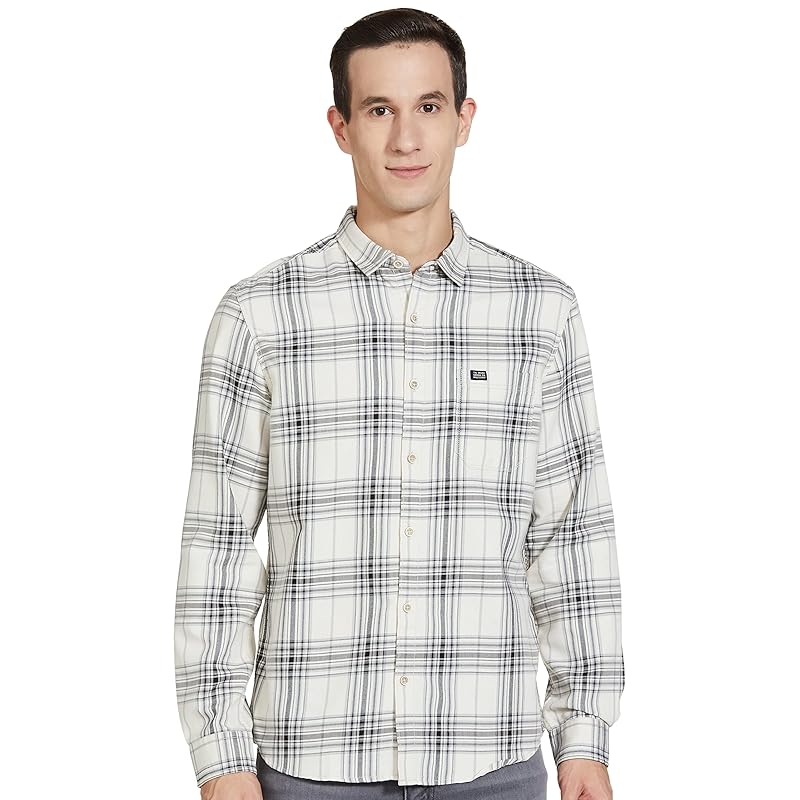 The Indian Garage Co Men's Checkered Slim Fit Shirt (1221-SH151-01_Cream XL)