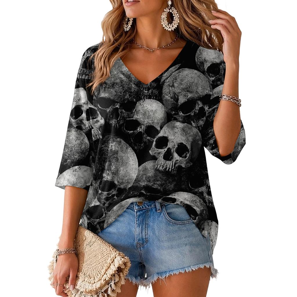 Women's V-Neck Halloween Print Lightweight Top for Spring and Summer