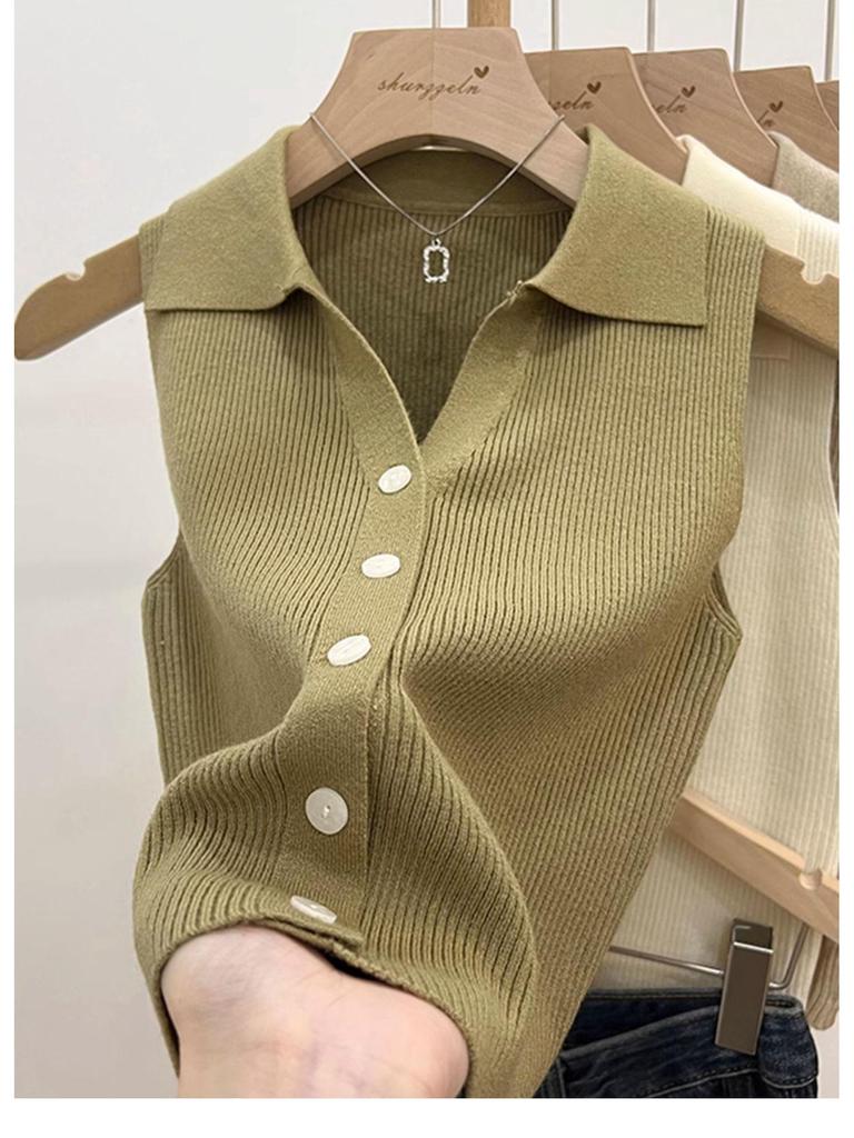 Women's Summer Chic Sleeveless Ice Silk Polo Collar Slim Fit Knit Camisole
