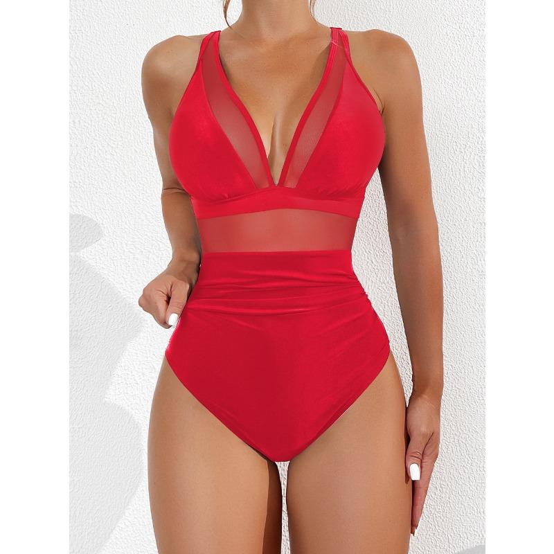 2026 New Bikini European and American Solid Color Mesh Halter Sexy Bikini One-piece Swimsuit Swimsuit