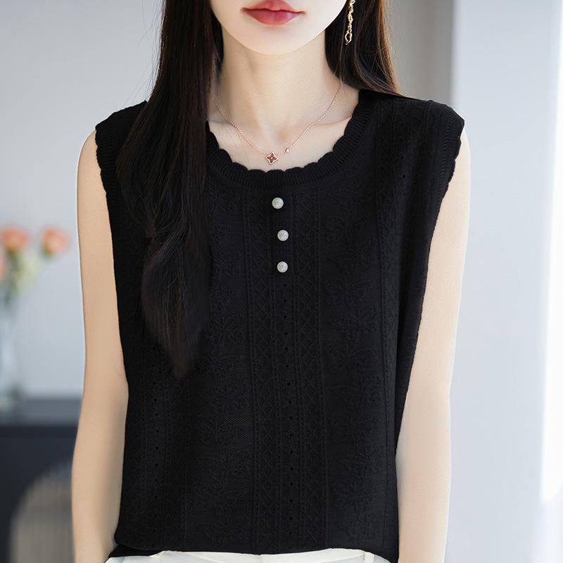 

Летний новый топ-майка с круглым вырезом, кружевом и жемчугом, универсальный вязаный женский базовый слой с короткими рукавами XL чёрный