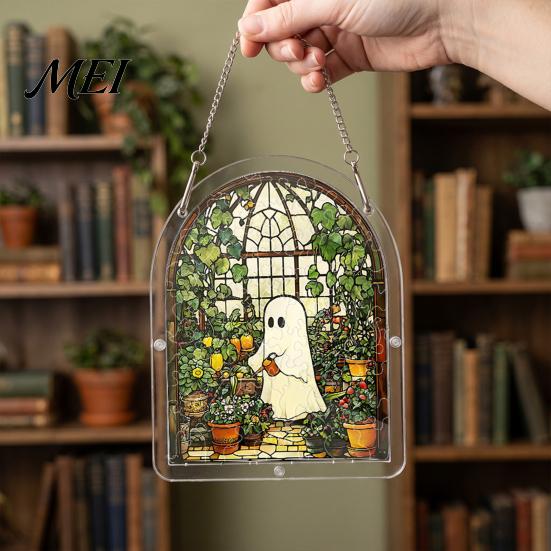 Autumn Harvest Home Decor Halloween Ghost Acrylic Puzzle Suncatcher, Colorful Window Hanging Ornament, Stained Cute Gift for Friends Glass Style