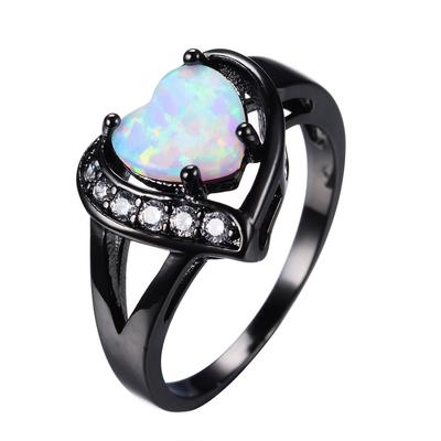 Female White Fire Opal Heart and Ring Black Gold Ring Engagement Ring