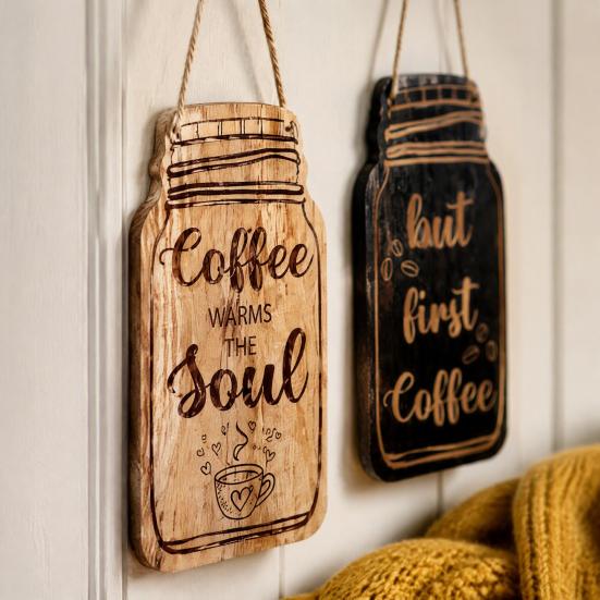 Coffee Bar Accessories 4Pcs Wooden Wall Sign, Farmhouse Rustic Mason Jar Hanging Restaurant Decorative Wood Plaque Decoration, Art for Cafe