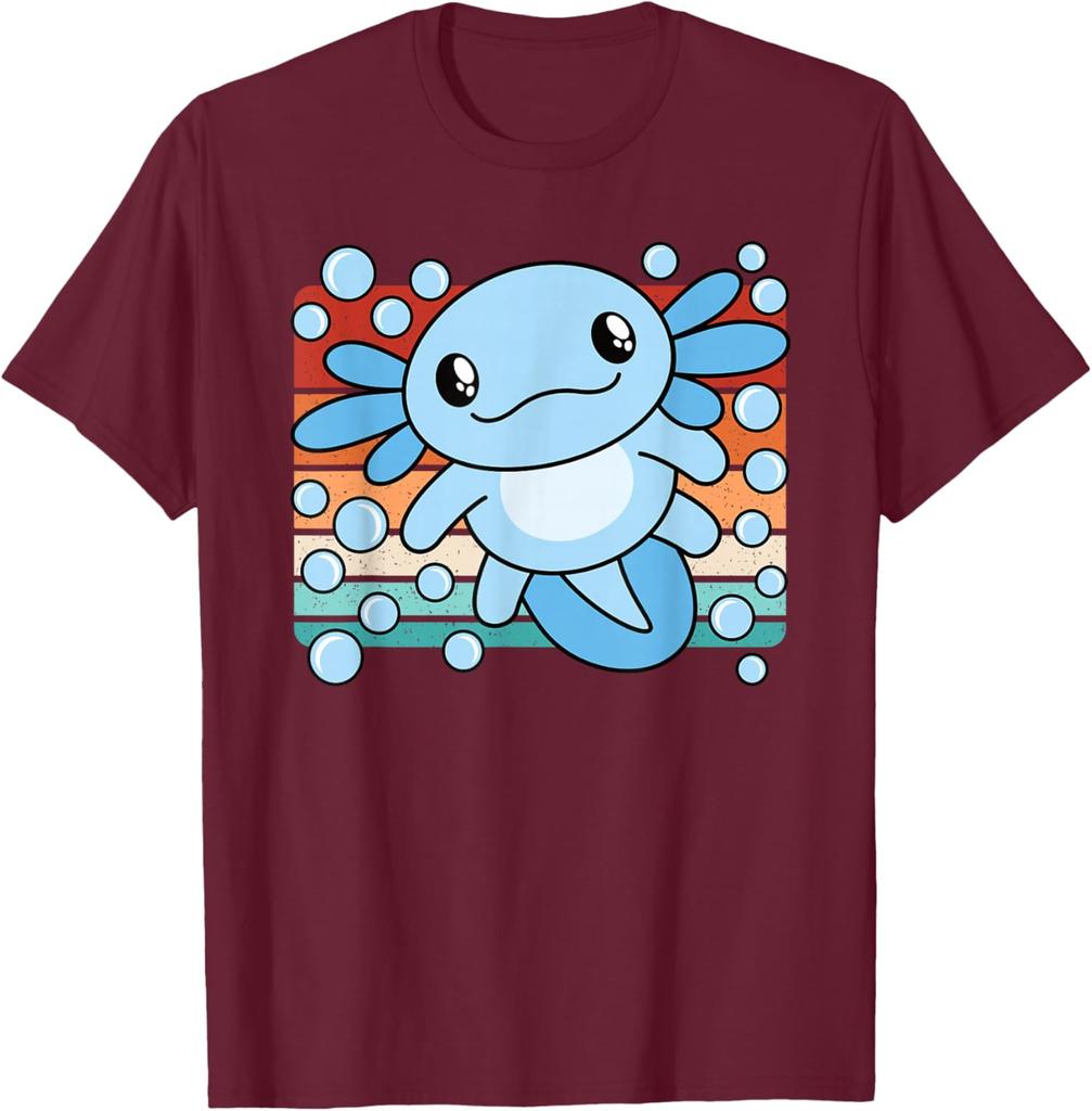 Niedlicher Axolotl Salamander Retro Sonnenuntergang Grafik T-Shirt Weiche Baumwolle Lässiges T-Shirt für Kinder