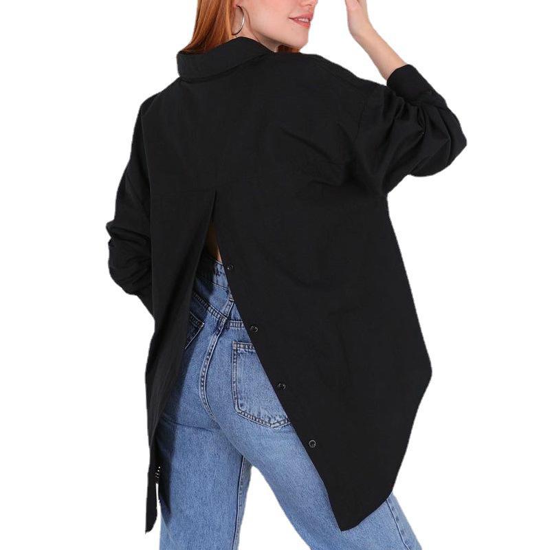 European and American Women's Solid Color Long-Sleeve Back Slit Loose Shirt - Autumn 2023 Fashion.