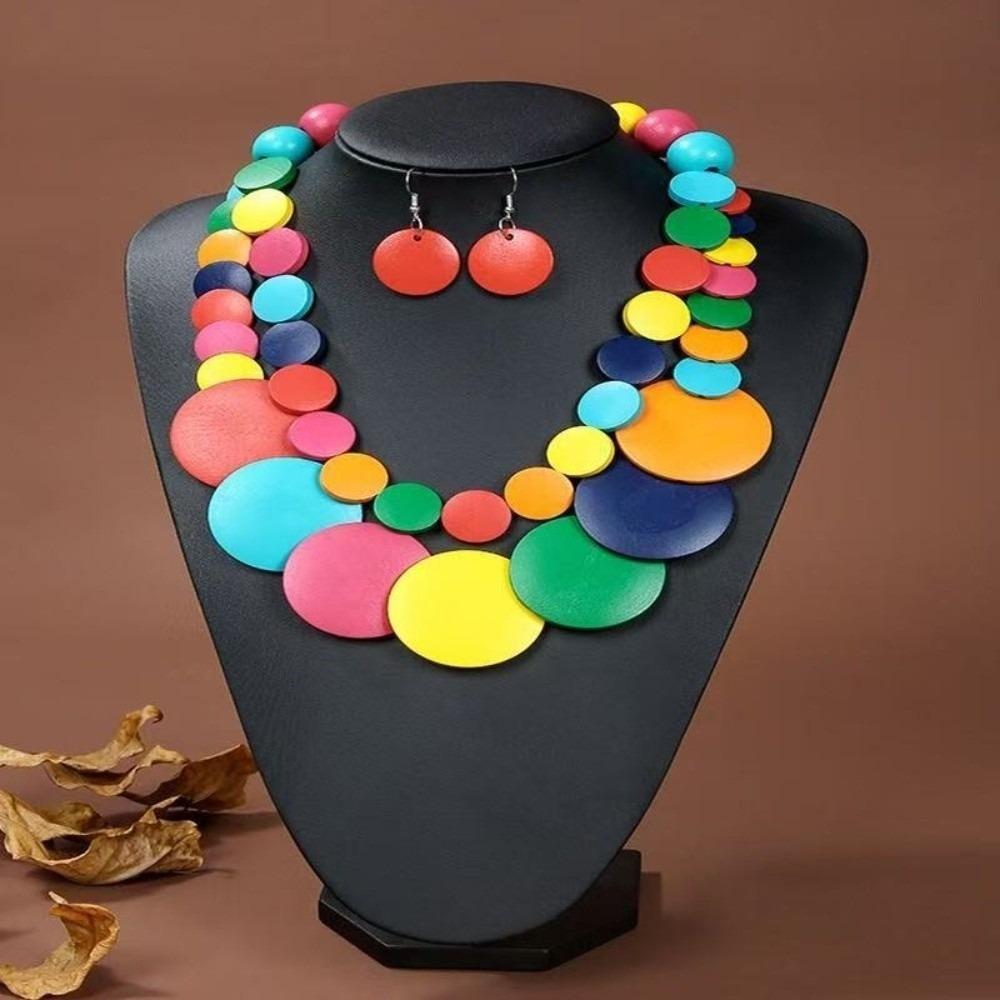 Double Layer Wooden Beaded Necklace Exaggeration Beaded Jewelry Pendant Necklace Beach Vacation