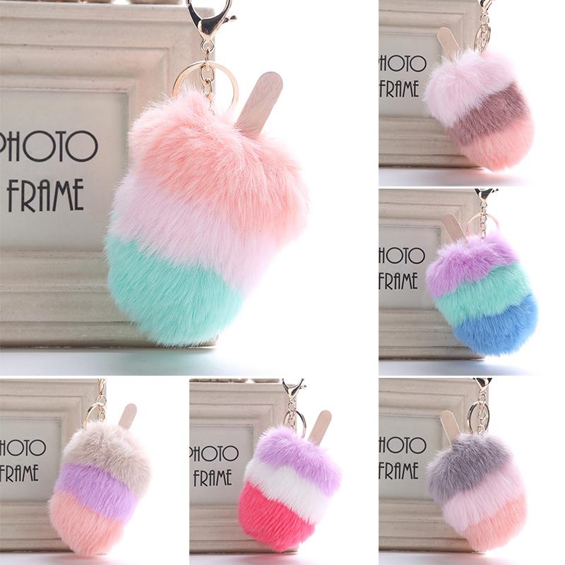 1Pcs Car Soft Pompom Fluffy Ice Cream Faux Fur Key Chain Gift Key Ring Jewelry Pendant