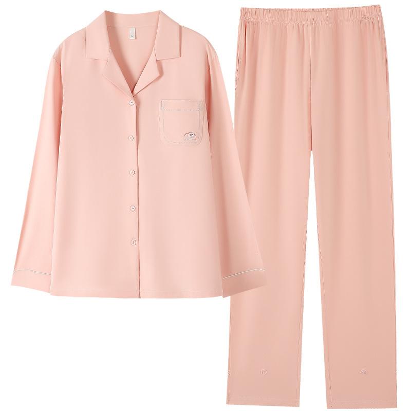 Pajamas With Chest Pads, Women'S Spring And Autumn Pure Cotton Long-Sleeved Trousers, Lapel Cardigan, Loungewear Suit That Can Be Worn Outside