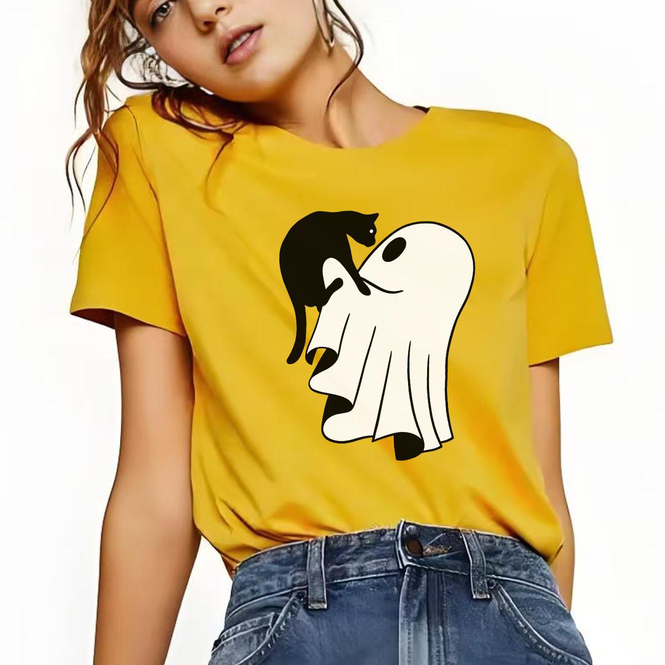 

Cute Halloween BOO printed Tshirt casual short sleeved round neck suitable for all seasons versatile Womens Tshirt S