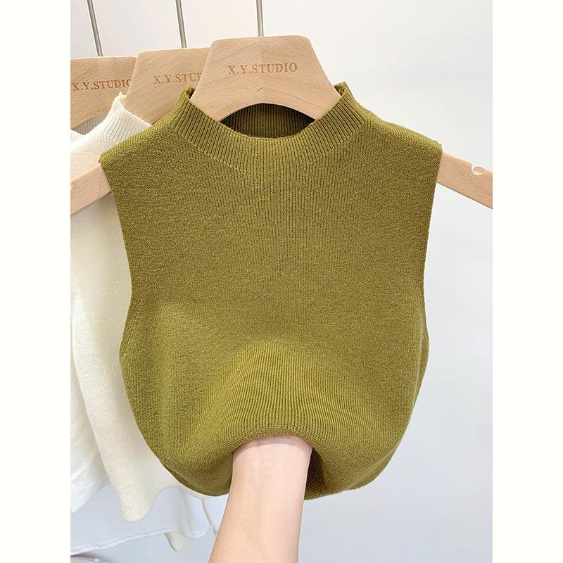 

Женский утягивающий трикотажный топ-майка с полуводолазкой без рукавов, цветной блок, французский винтажный стиль, летний, универсальный, многослойный, эластичный, полиэстер, один размер 40-60KG