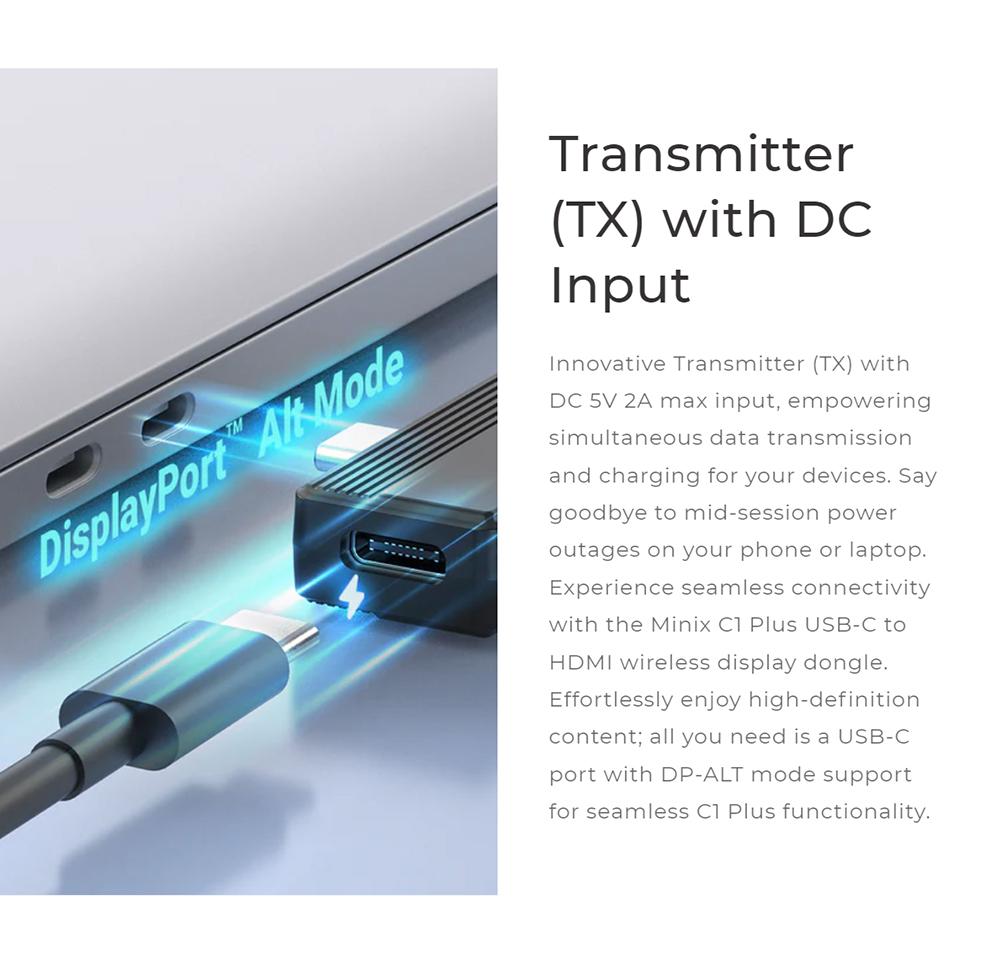 MINIX C1 Plus USB-C zu HDMI Wireless Dongle, 165ft/50m Übertragung, Plug and Play