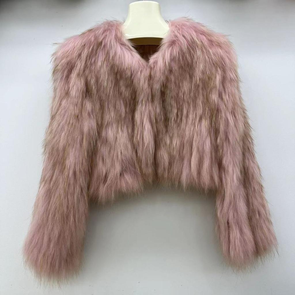 Real Raccoon Fur Braided Jacket Short Length 40cm Double-sided Encryption Slim Young Winter Tops Women's Coat