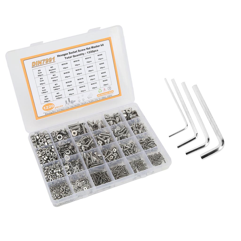 1220PCS Screw Nut Washer Kit Flat Head Hex Socket 304 Stainless Steel M2 M3 M4 M5 Screw Assembly Kit
