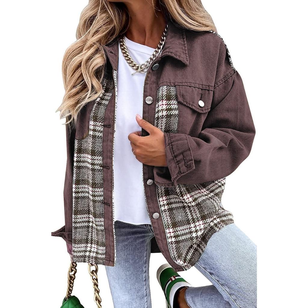 Denim Jacket, Long Sleeved, Checkered, Button Up, Shirt, Jacket Top