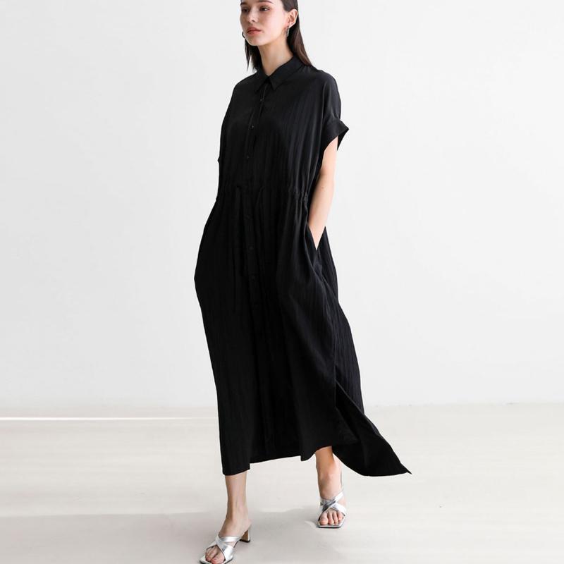 Johnature Short-sleeved Shirt Dress Women Korean Loose Drawstring Summer Casual Simple Turn-down Collar Loose Dresses