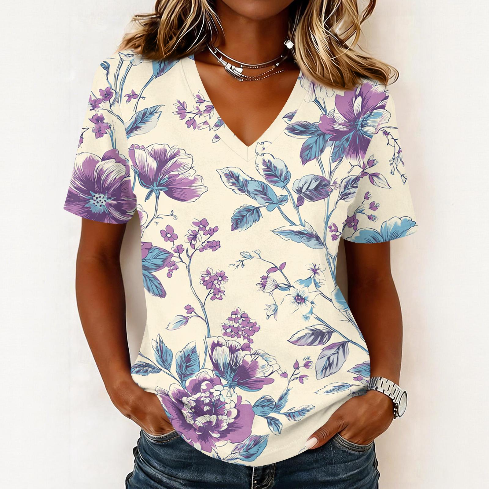 Women s fashionable casual short-sleeved floral print V-neck pullover top L