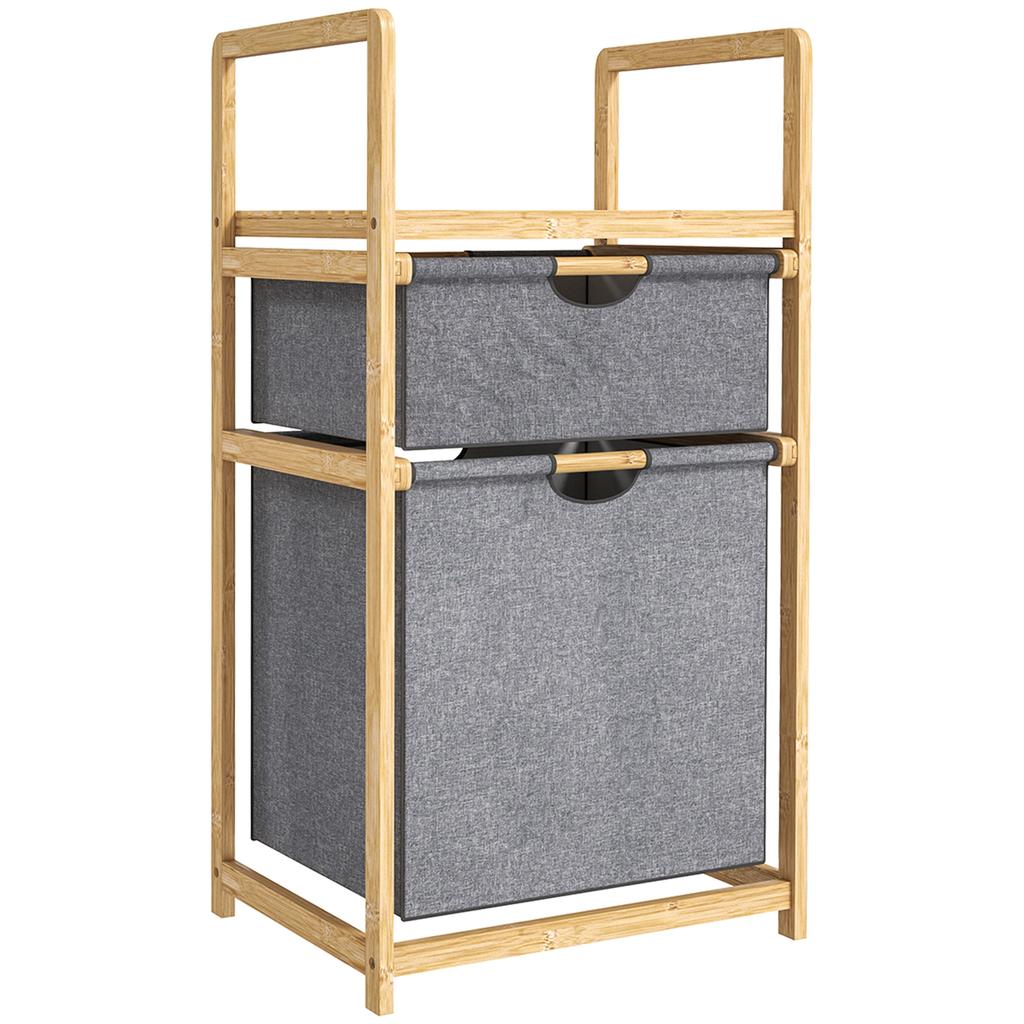 Bamboo Laundry Basket, 2 Sliding Bags, Slatted Shelf, Natural