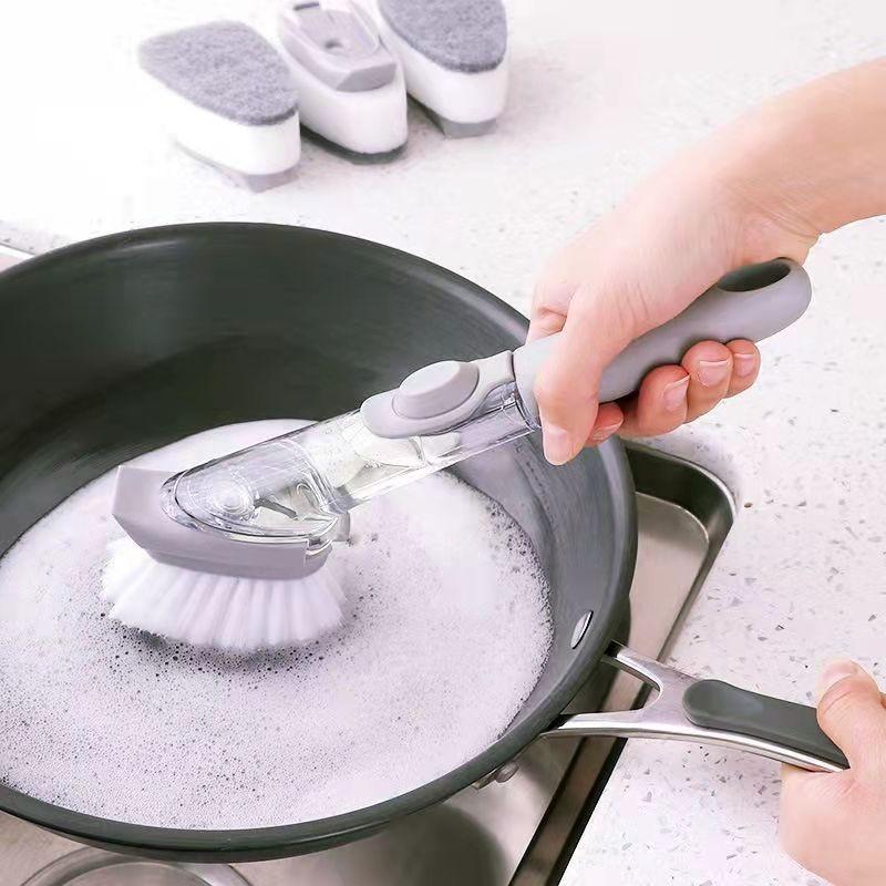 Premium Automatic Liquid Dispensing Long Handle Pot Cleaning Brush With Non-stick Features For Effortless Kitchen Cleaning