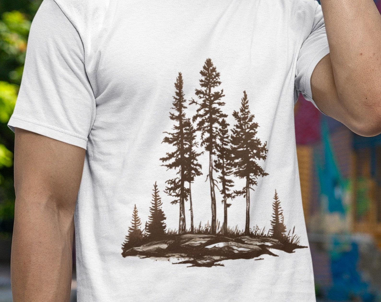 Woodcut Pine Trees T-Shirt: Nature Forest Graphic Tee XL